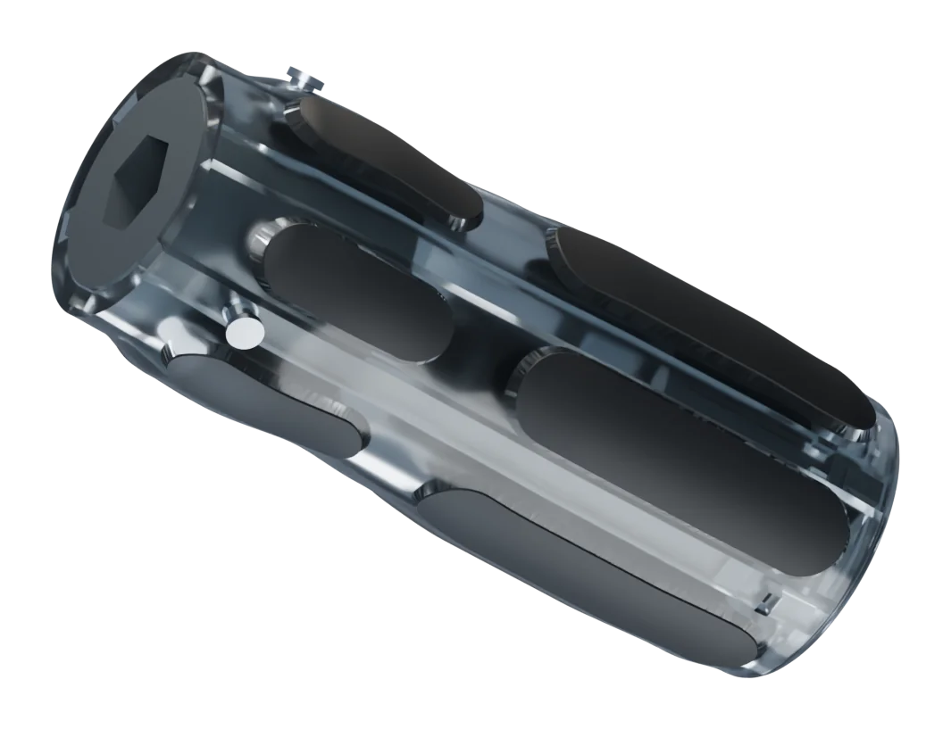 Isolated assembled grip concept with a transparent sleeve and twelve black pads.