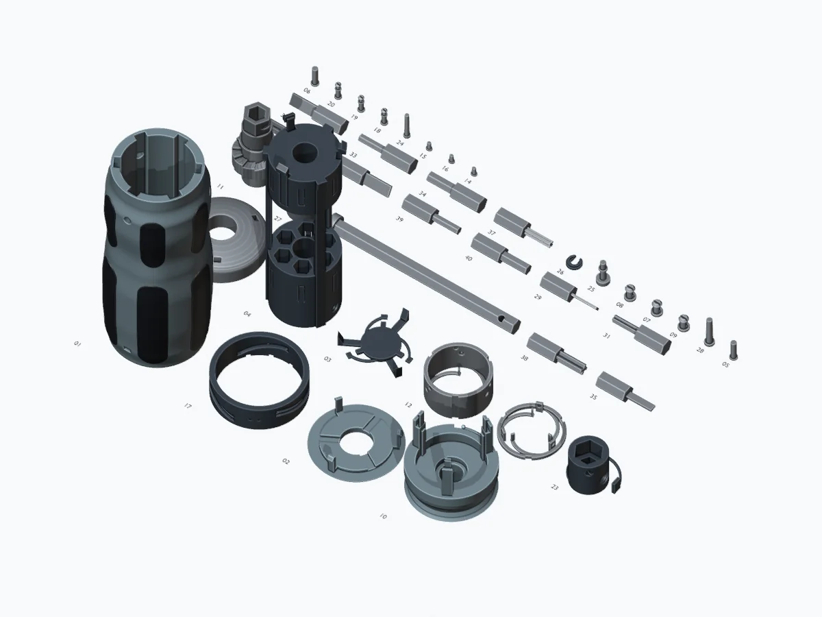Digital layout of the screwdriver parts with PETG and TPU material regions shown in their proposed print orientations.