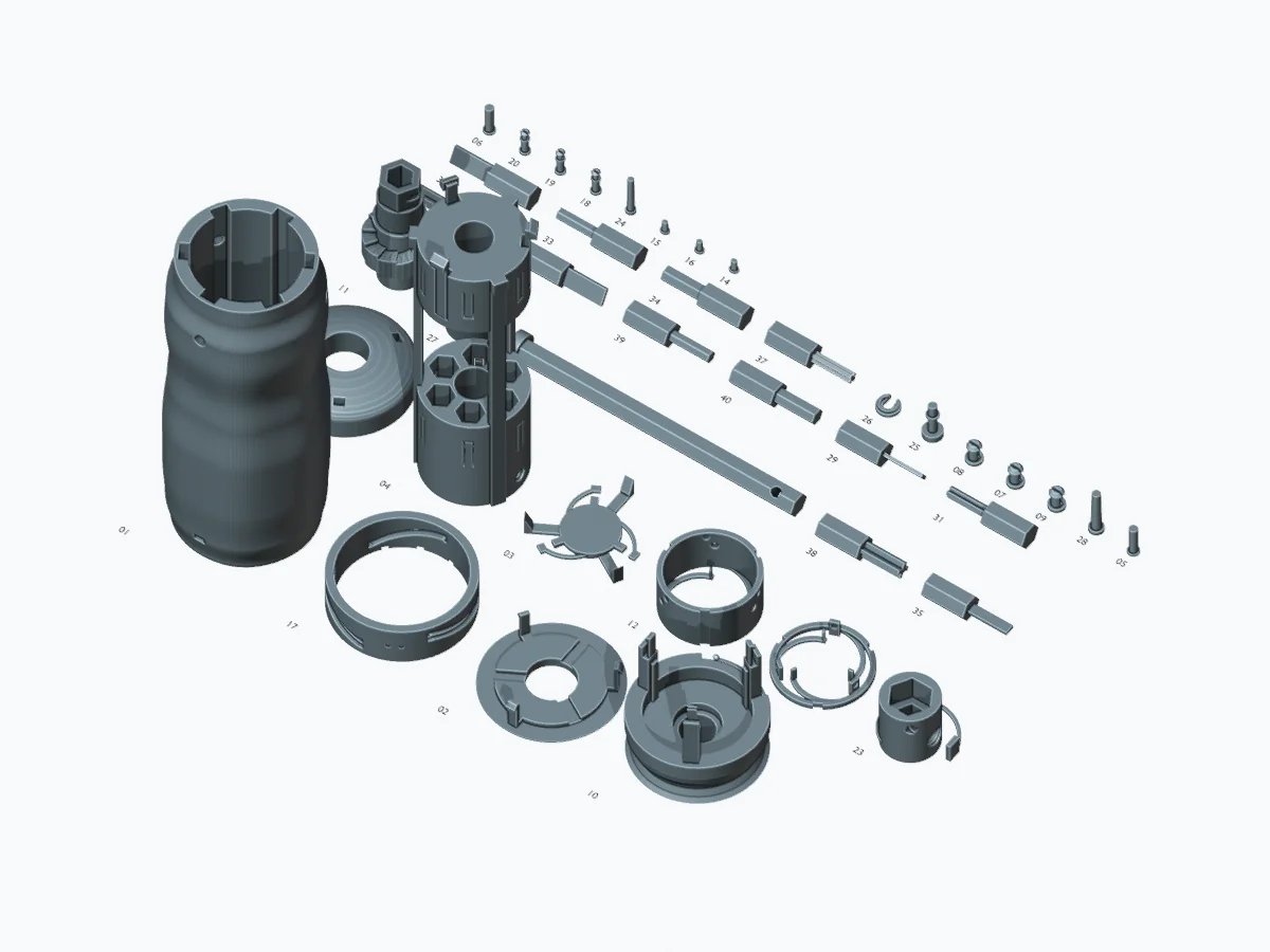 Digital layout of the separate screwdriver parts in their proposed single-material print orientations.